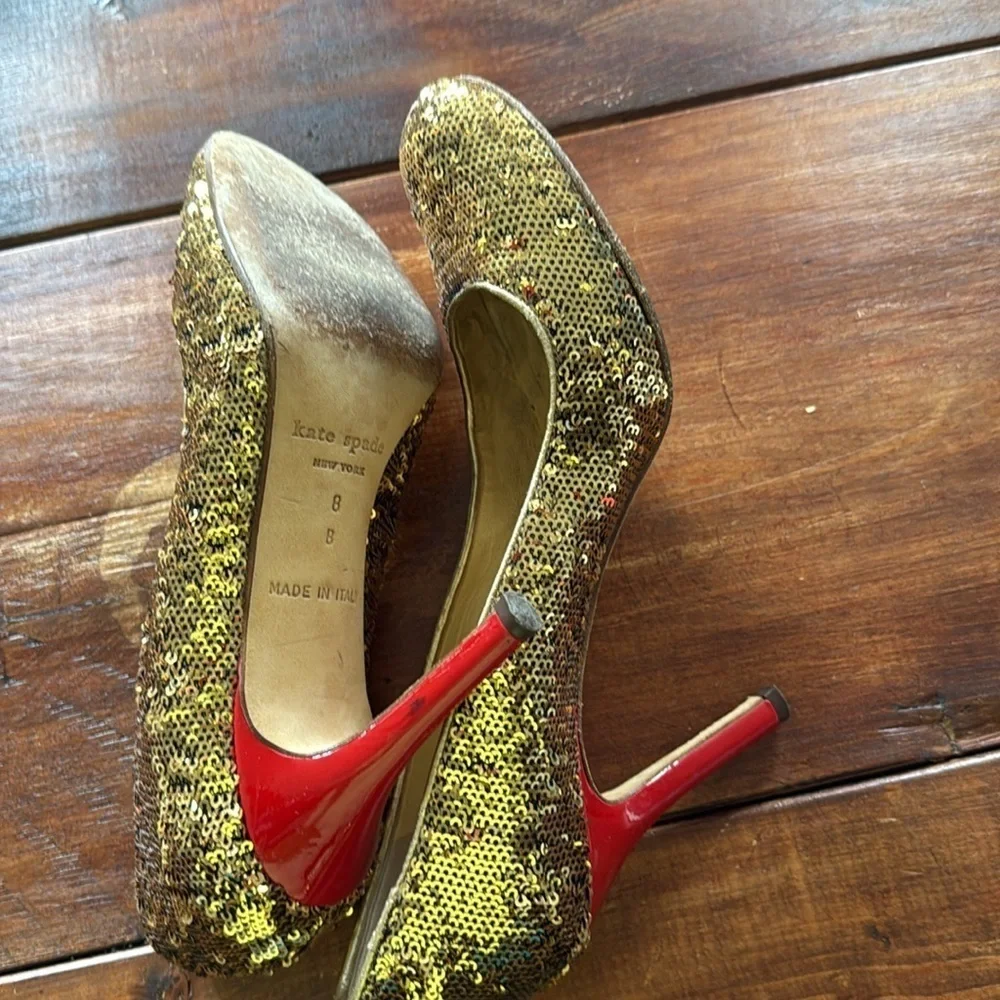 Kate Spade New York gold sequin red heel stiletto pumps size 8 Made in Italy